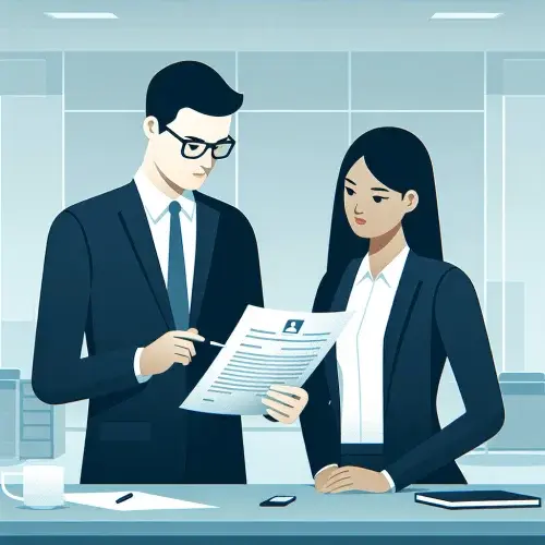 Two business professionals reviewing insurance paperwork
